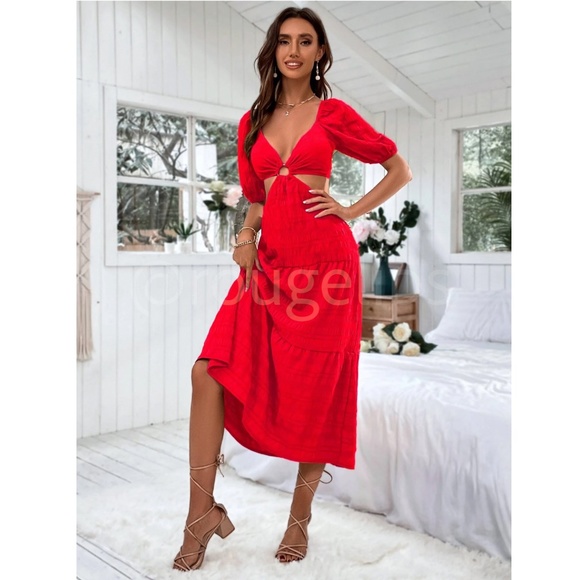 Red Midi Dress Backless Lace Up Puff Sleeve Flared Ruffle Hem V-Neck - Picture 5 of 9